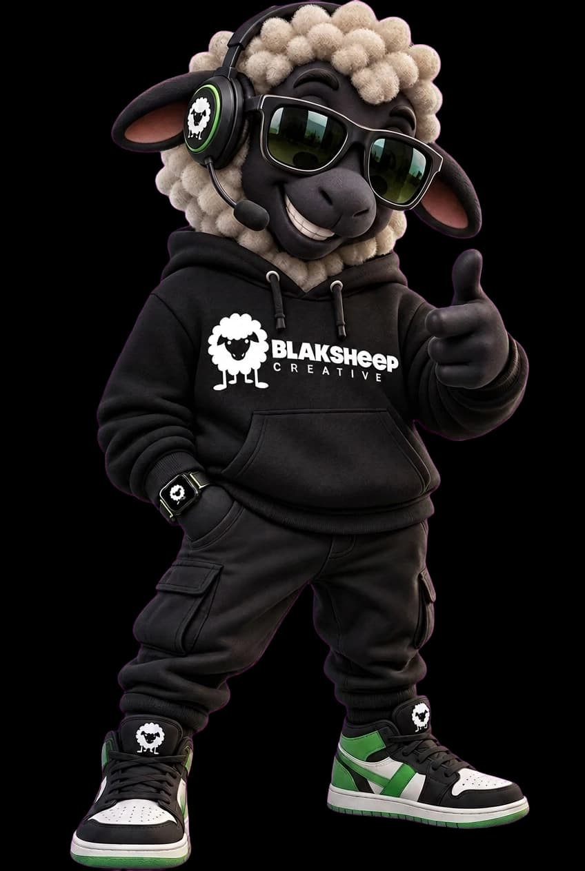The BlakSheep Creative mascot, a black sheep in a BlakSheep hoodie giving a thumbs up